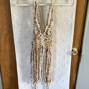 Free People Brown and Cream Fringe Tank Top